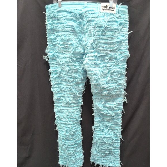 Politics Debris 503 Distressed Fringe Aqua Flare Jeans -  Size 36 - Picture 4 of 6